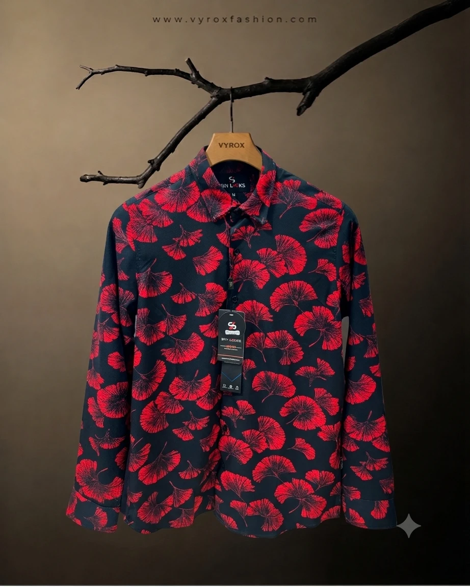Men’s Premium Red Fan Leaf Printed Casual Shirt