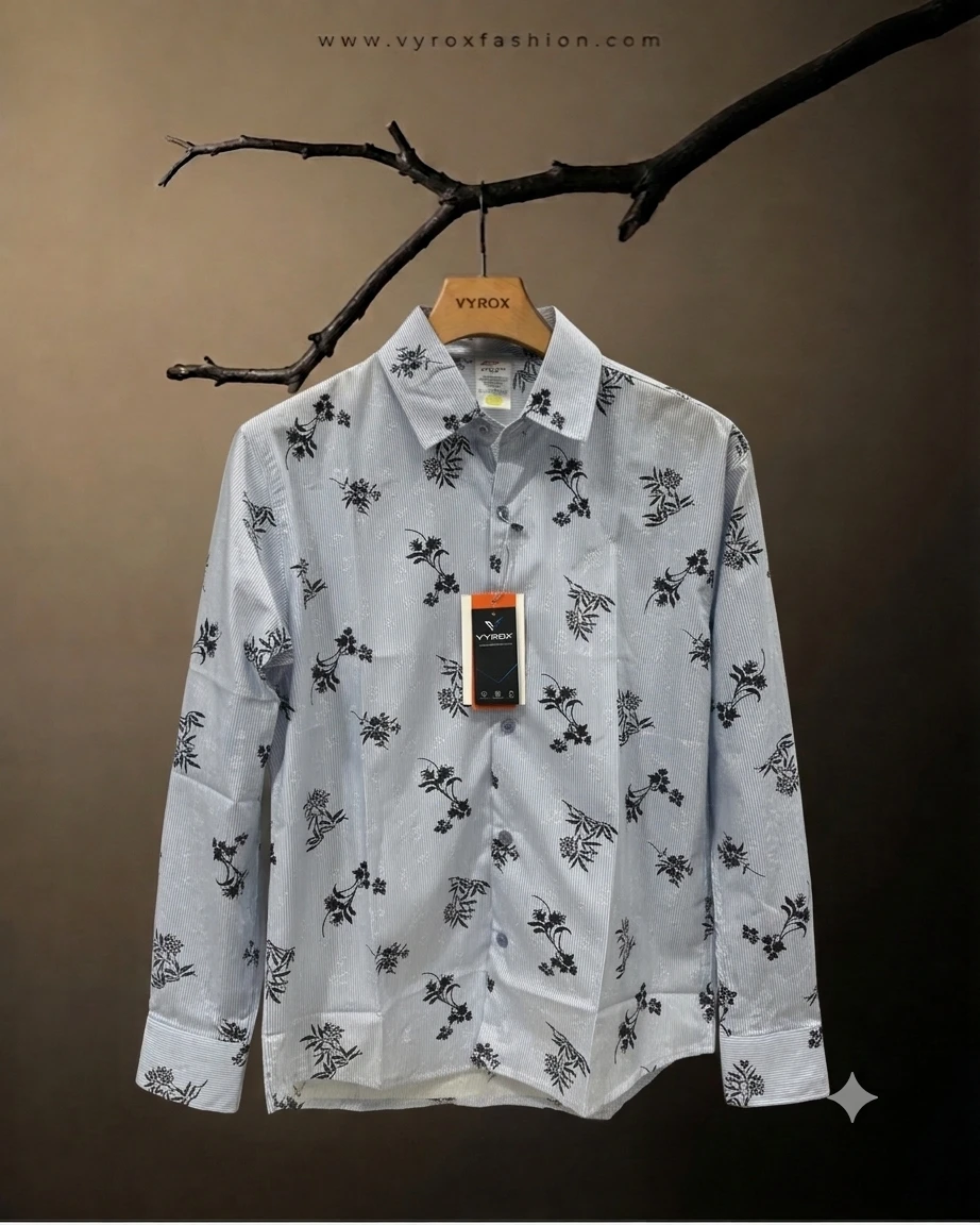 Men’s Premium Light Blue Floral Printed 100% Original Cotton Full Sleeve Shirt