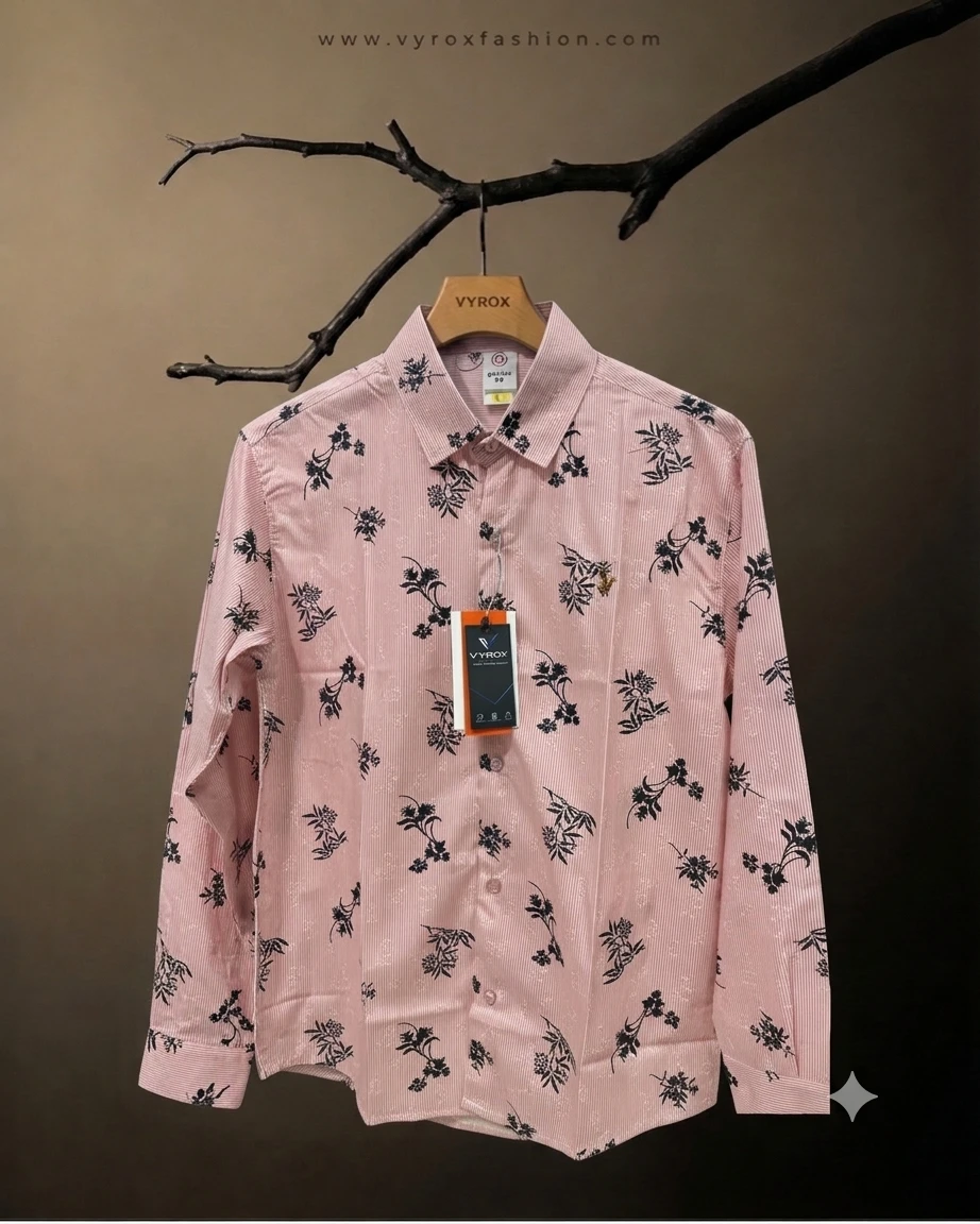Men’s Premium Light Pink Floral Printed 100% Original Cotton Full Sleeve Shirt