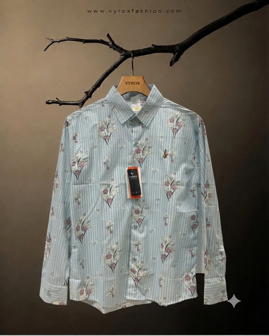 Men’s Premium Light Blue Striped Floral Printed 100% Original Cotton Full Sleeve Shirt
