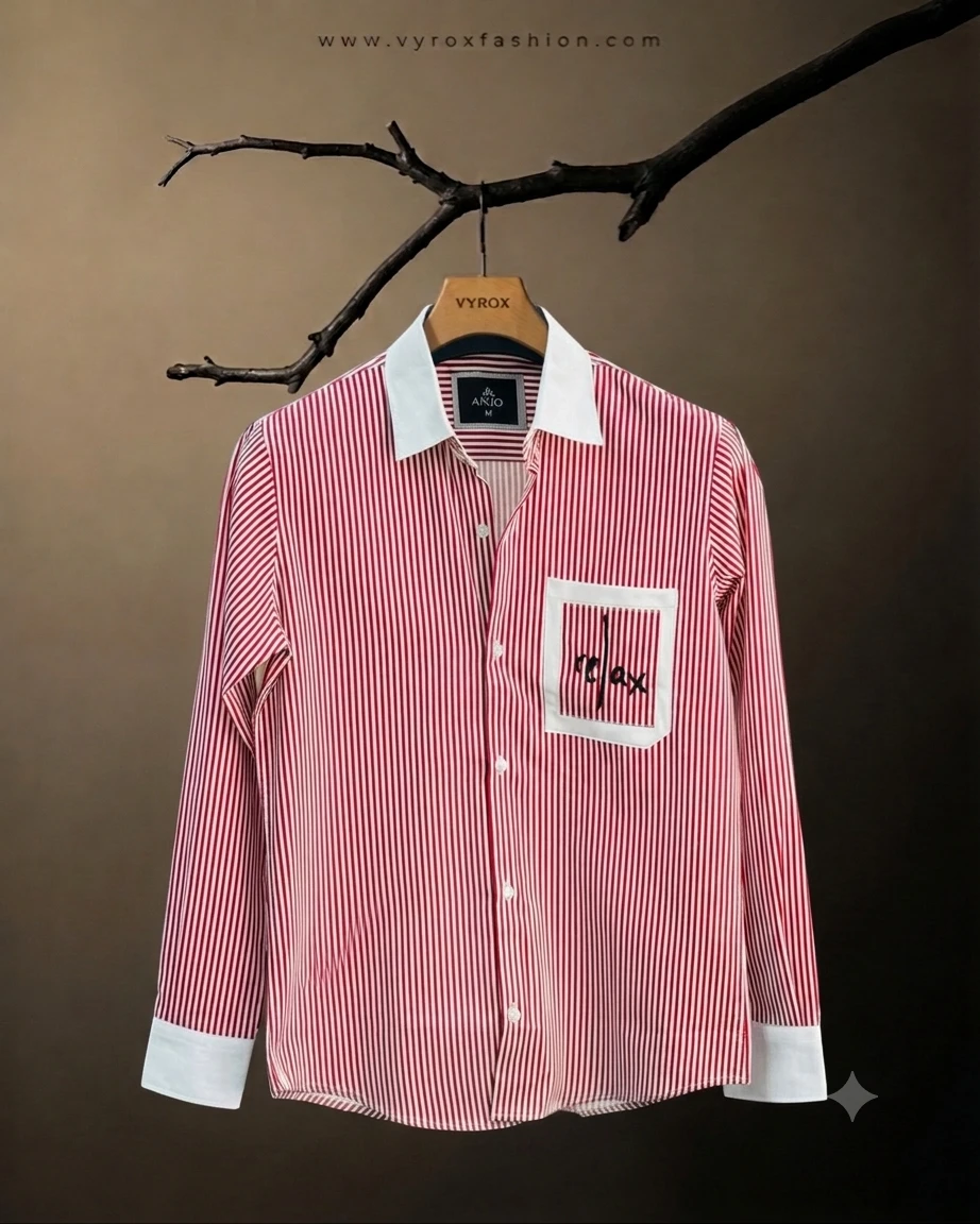 Men’s Premium Red & White Striped 100% Original Cotton Full Sleeve Shirt