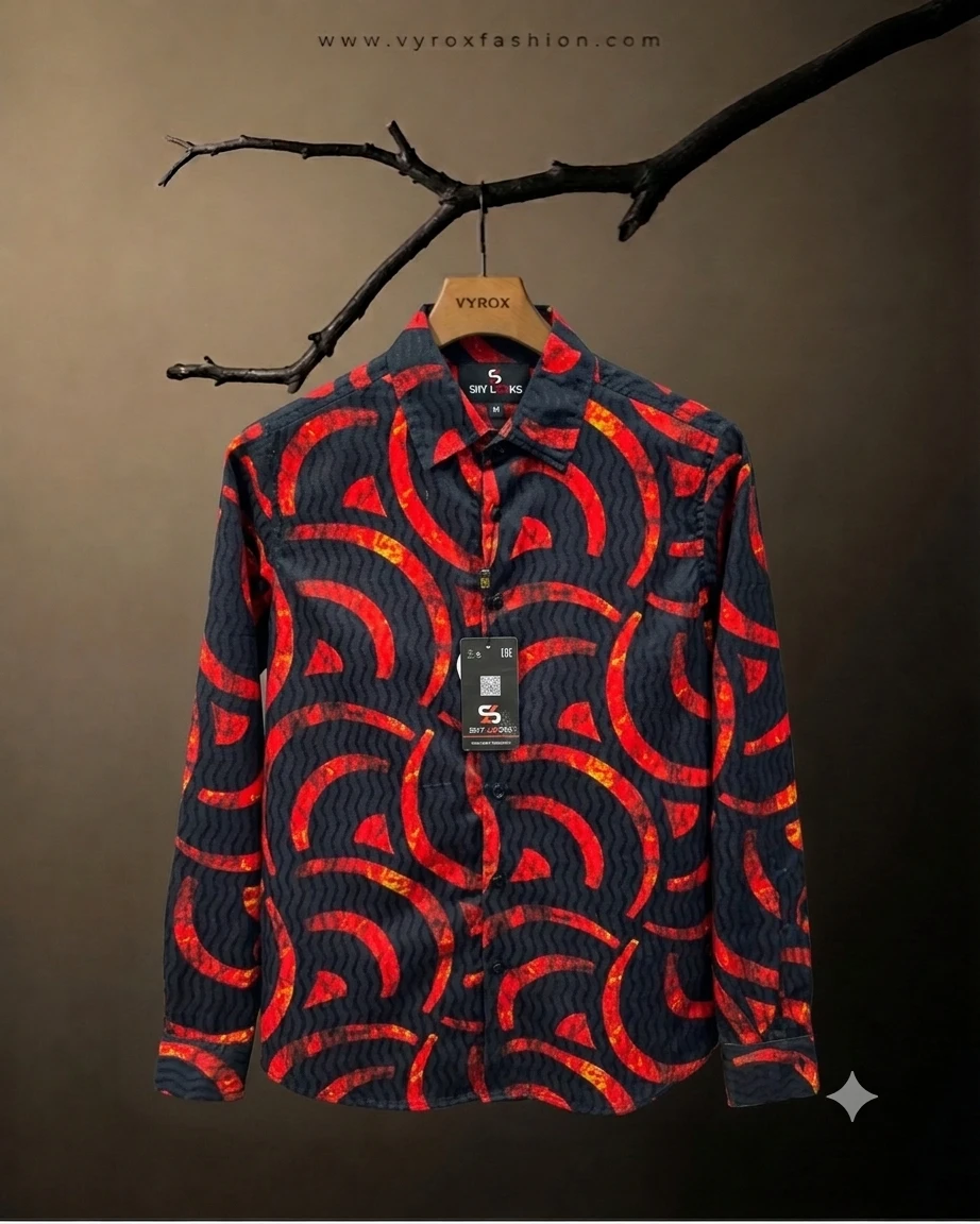 Men’s Premium Black & Fire-Red Abstract Geometric Printed Full Sleeve Shirt