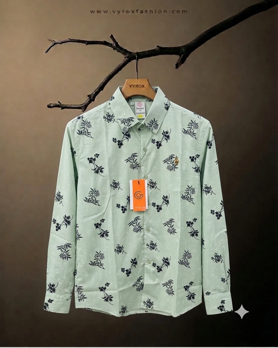 Men’s Premium Sage Green Floral Printed 100% Original Cotton Full Sleeve Shirt