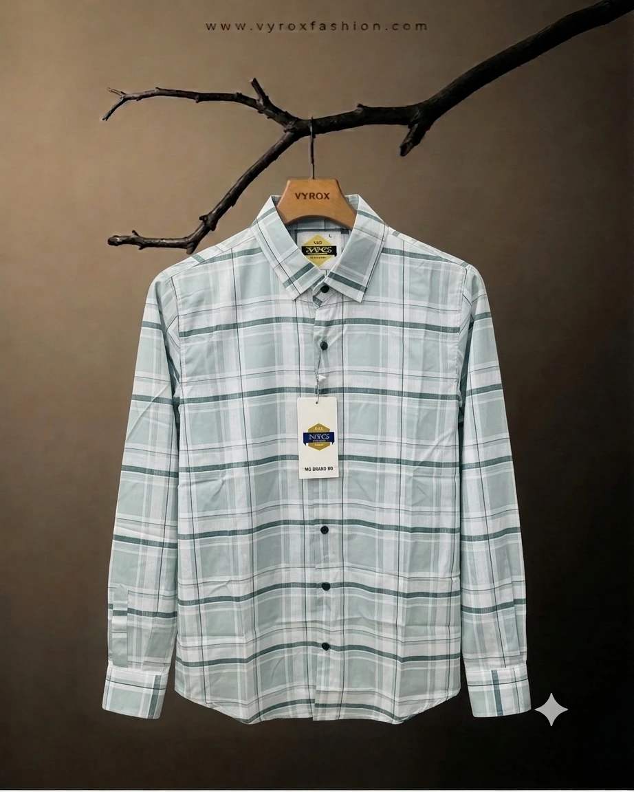 Men’s Premium Light Green Checkered China Fabric Full Sleeve Shirt