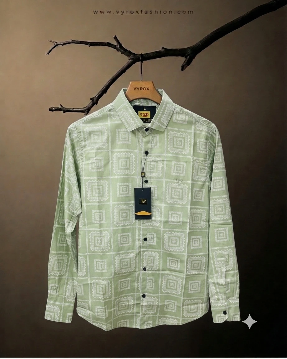 Men’s Premium Light Green Geometric Square Printed 100% Original Cotton Full Sleeve Shirt