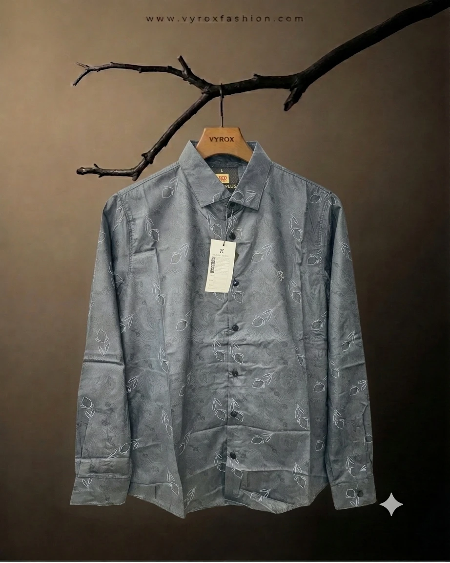 Men’s Premium Slate Grey Leaf Printed 100% Original Cotton Full Sleeve Shirt