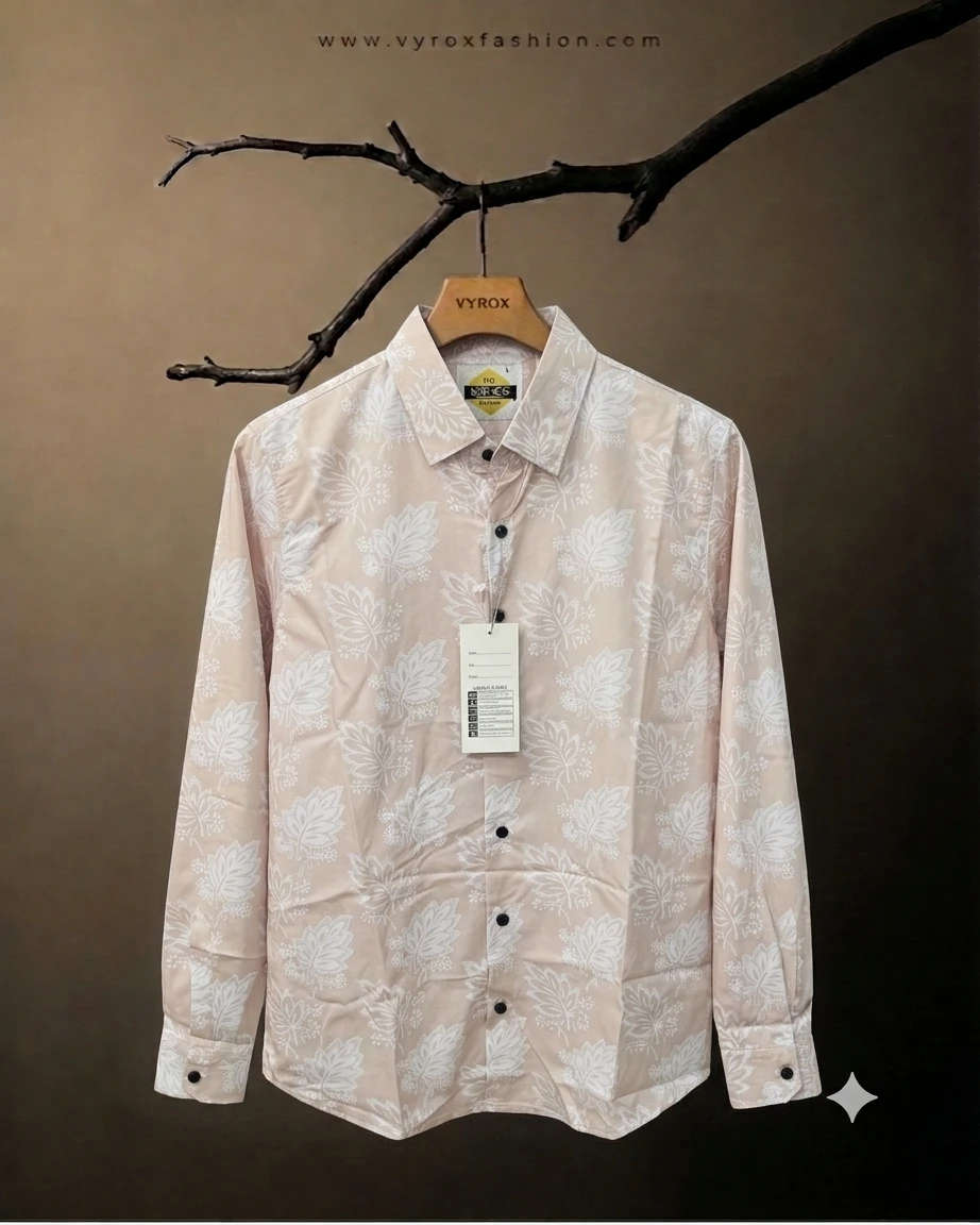 Men’s Premium Light Peach Leaf Printed China Fabric Full Sleeve Shirt