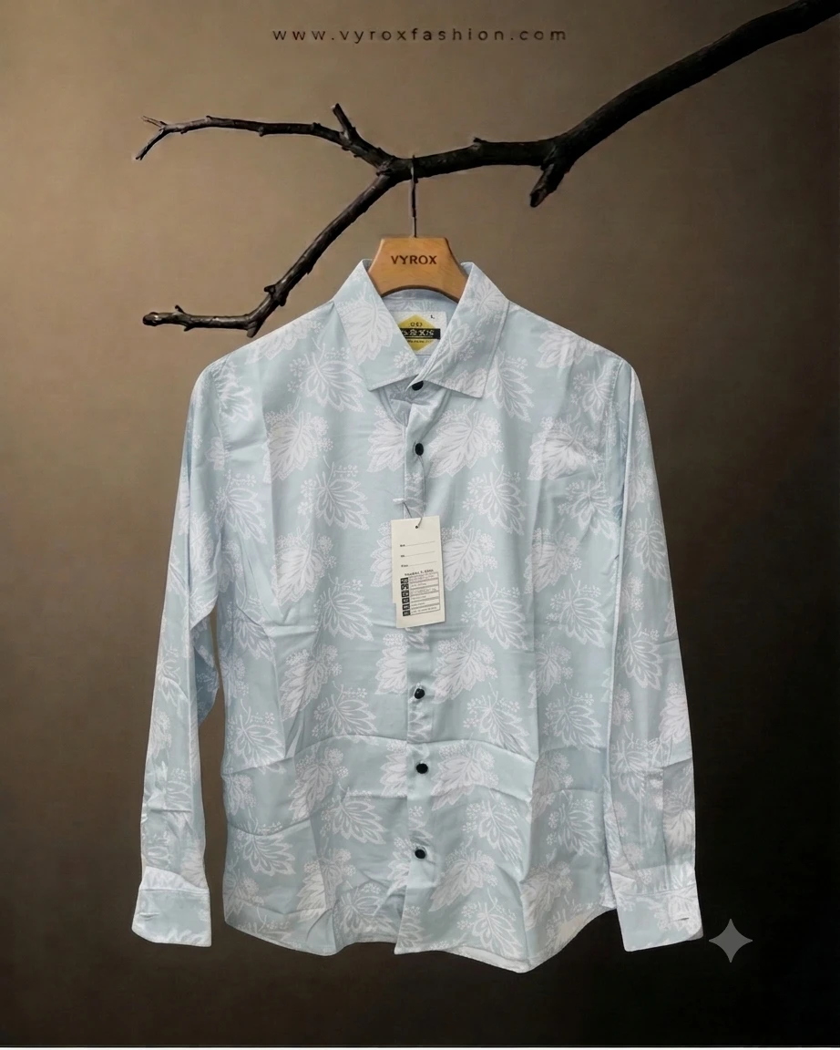 Men’s Premium Light Blue Leaf Printed China Fabric Full Sleeve Shirt